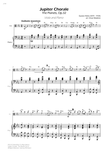 Jupiter Chorale from The Planets - Viola and Piano - W/Chords (Full Score and Parts) image number null