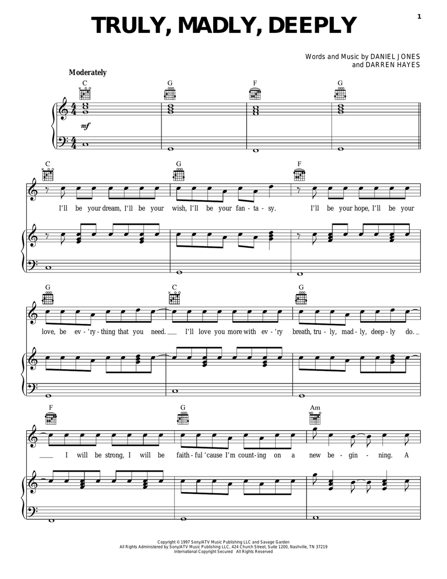 Truly, Madly, Deeply Piano, Vocal, Guitar scores gallery preview page 1