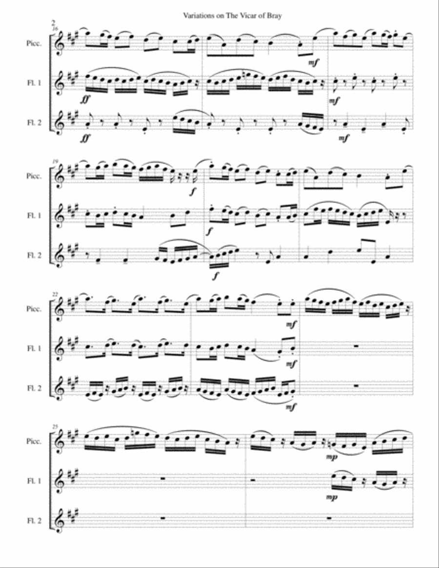 Variations on the Vicar of Bray for flute trio (piccolo and 2 flutes) Flute Trio scores gallery preview page 2