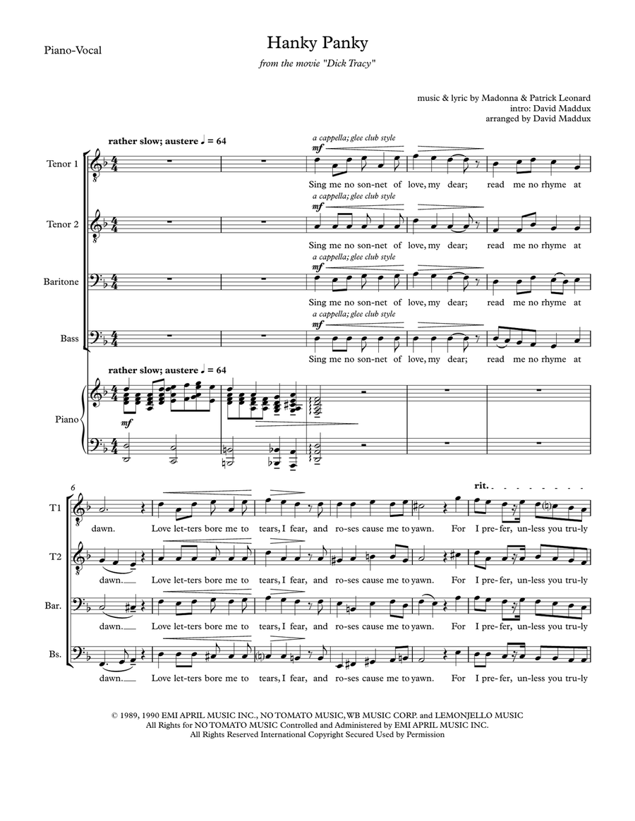 Hanky Panky by Madonna TTBB - Digital Sheet Music