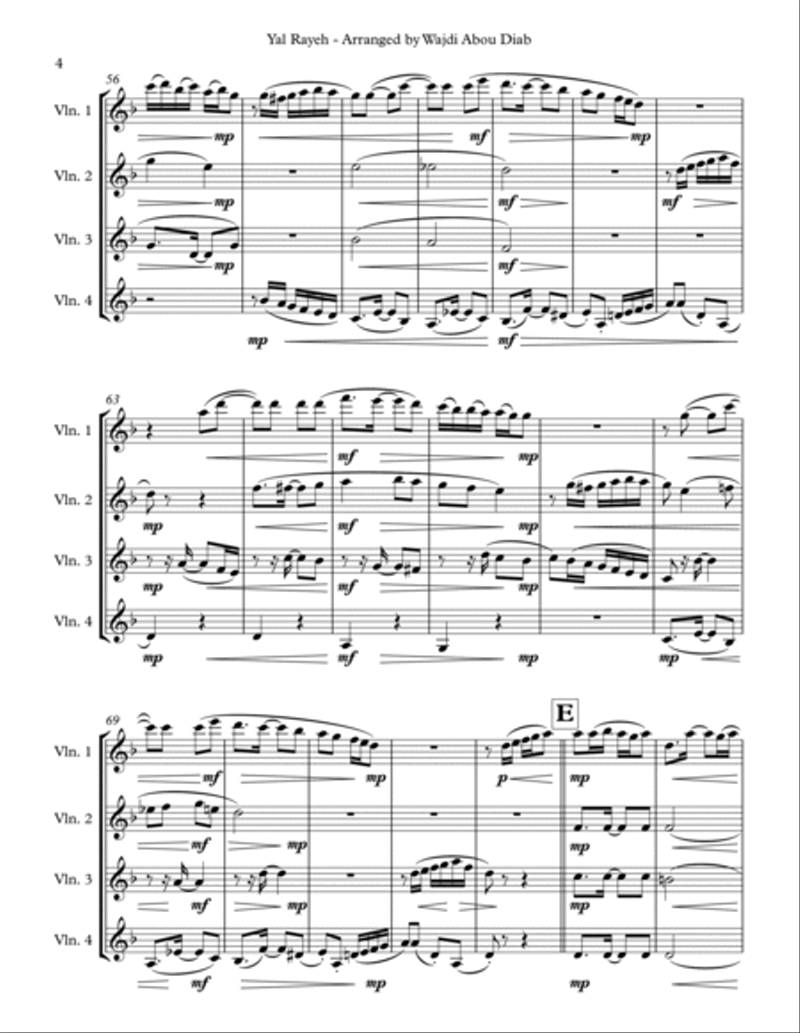 Yal Rayeh (Arabic Song) - violin quartet String Quartet scores gallery preview page 4