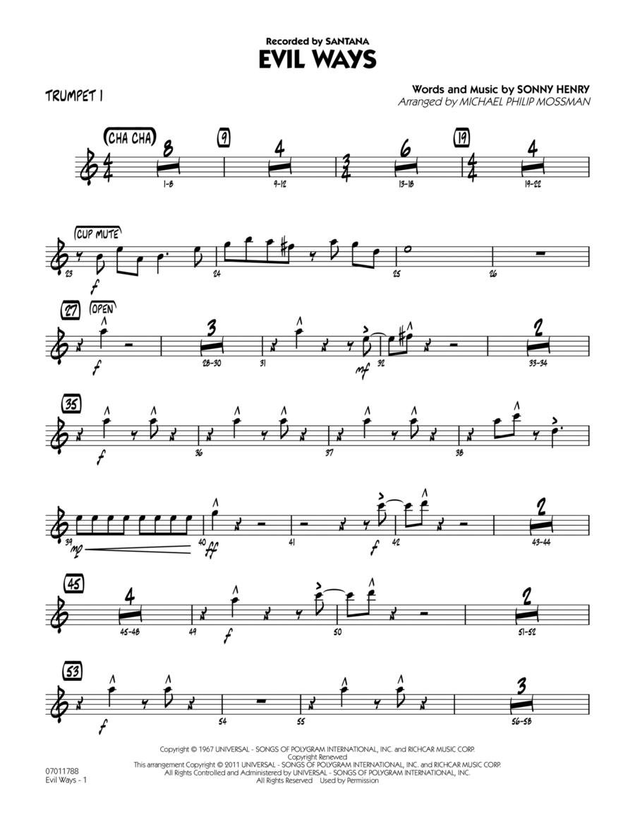 Evil Ways - Trumpet 1 Evil Ways - Trumpet 1 Jazz Ensemble scores gallery preview page 1