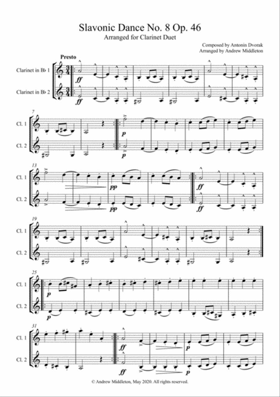 Slavonic Dance No. 8 Op. 46 arranged for Clarinet Duet Clarinet Duet scores gallery preview page 3