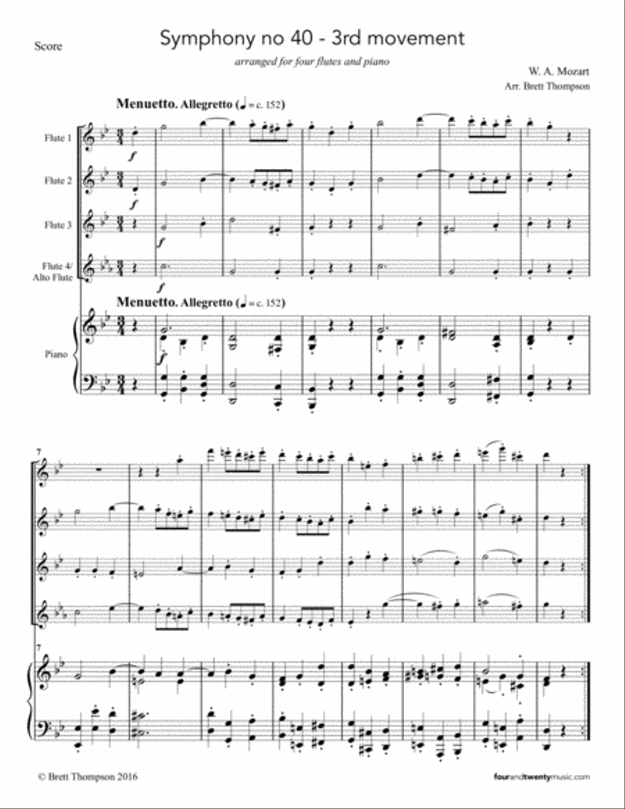Symphony no 40, third movement (Minuetto and trio) arranged for four flutes and piano Small Ensemble scores gallery preview page 2