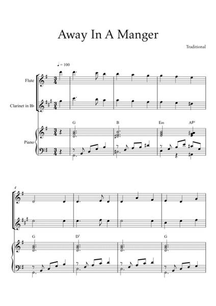 Traditional - Away In a Manger (Trio Piano, Flute and Clarinet) with chords