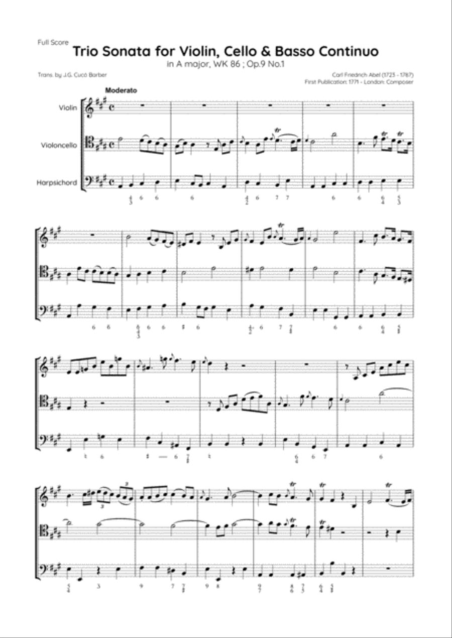 Abel - 6 Trio Sonatas for a violin, violoncello, with thorough base for the harpsichord, WK 86-91 ; Small Ensemble scores gallery preview page 2