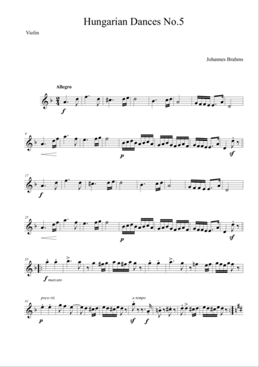 Hungarian Dances No.5 Easy version in D minor Violin Solo scores gallery preview page 5