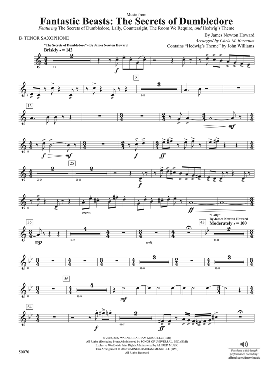 Fantastic Beasts: The Secrets of Dumbledore: B-flat Tenor Saxophone Concert Band scores gallery preview page 1