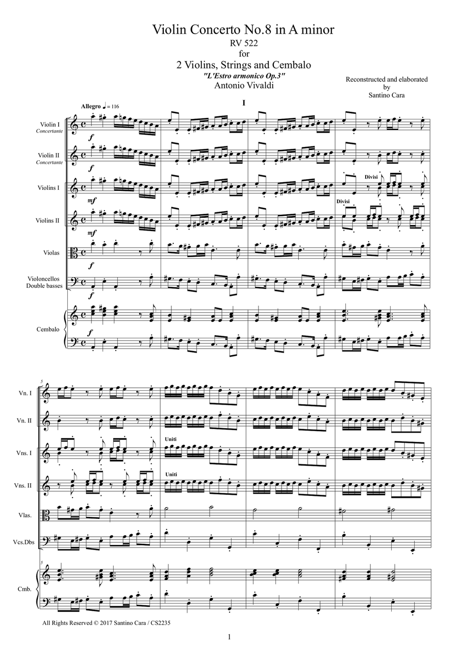 Vivaldi - Violin Concerto No.8 in A minor RV 522 Op.3 for Two Violins, Strings and Cembalo Chamber Orchestra scores gallery preview page 1