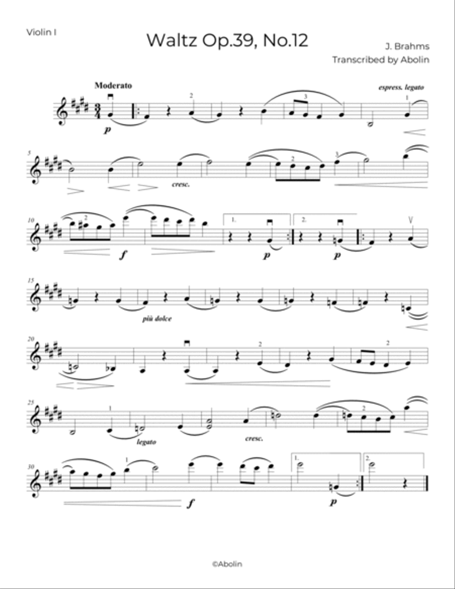 Brahms: Waltz Op.39, No.12 - String Quartet String Quartet scores gallery preview page 4