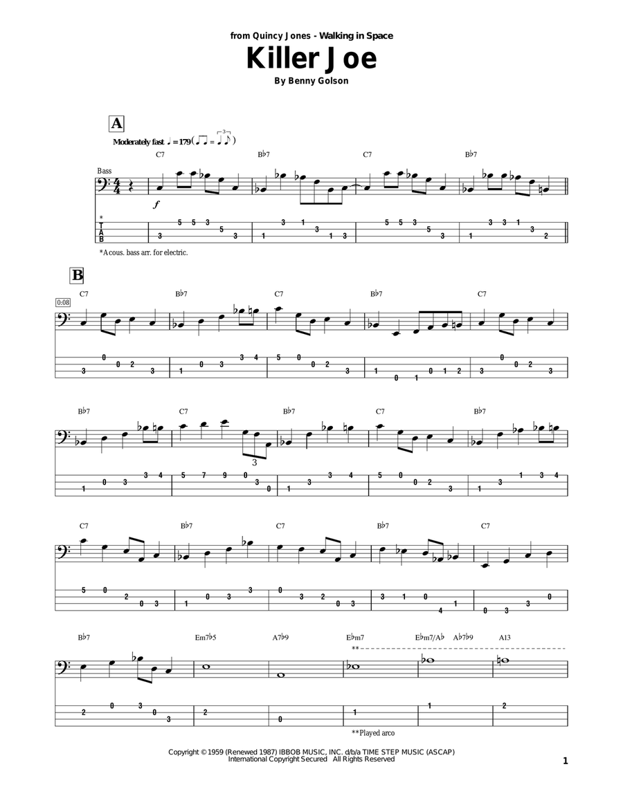 Killer Joe Bass Guitar Tablature scores gallery preview page 1