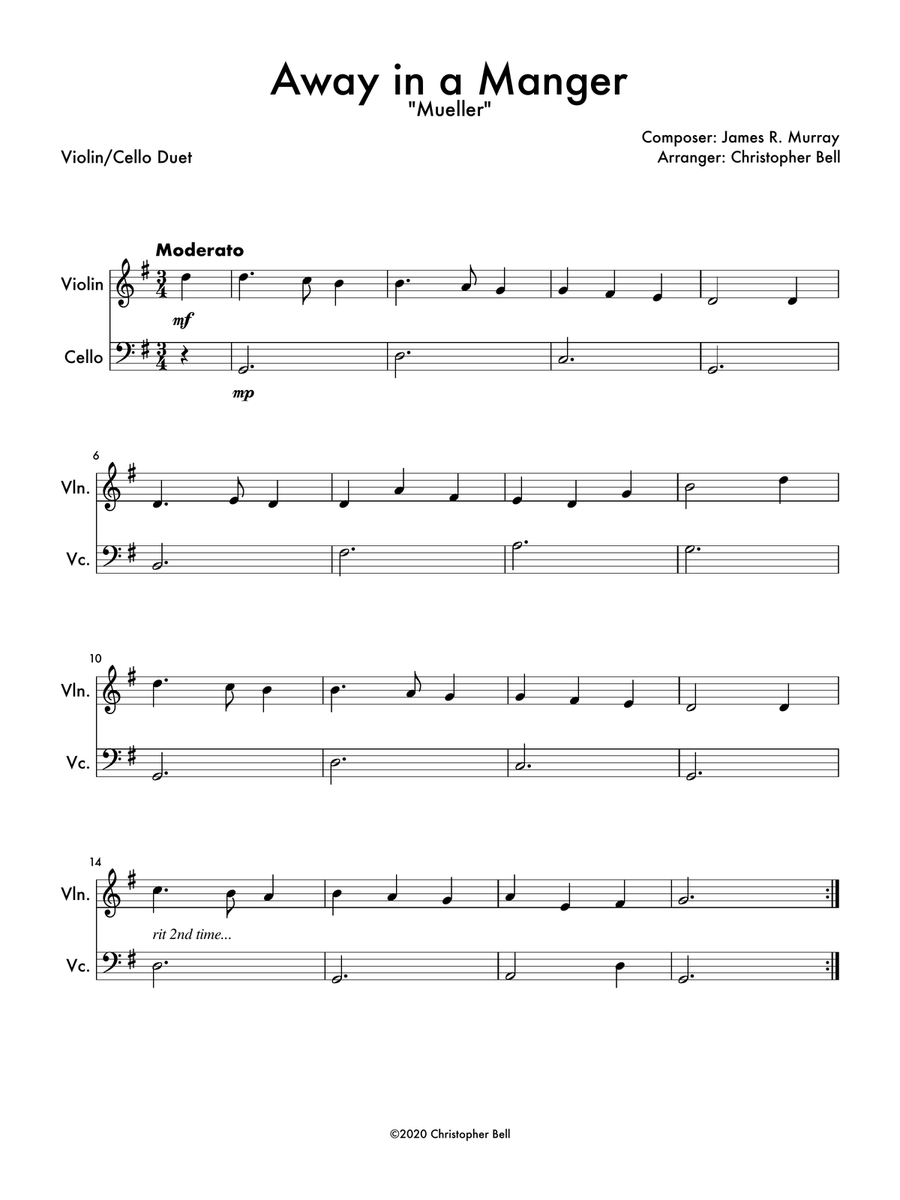 Away In A Manger (Mueller) - Violin/Cello Duet String Duet scores gallery preview page 1