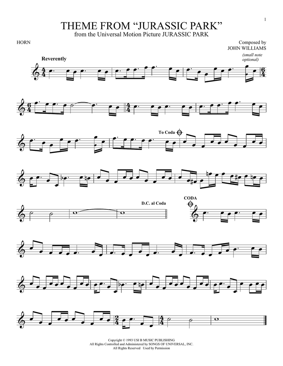 Theme From Jurassic Park Horn Solo scores gallery preview page 1