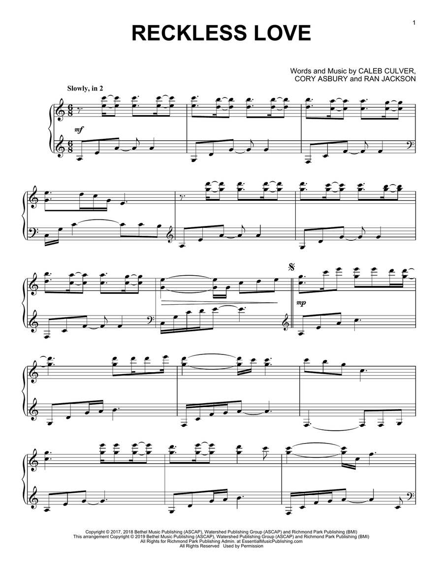 Reckless Love Reckless Love Piano Solo scores gallery preview page 1
