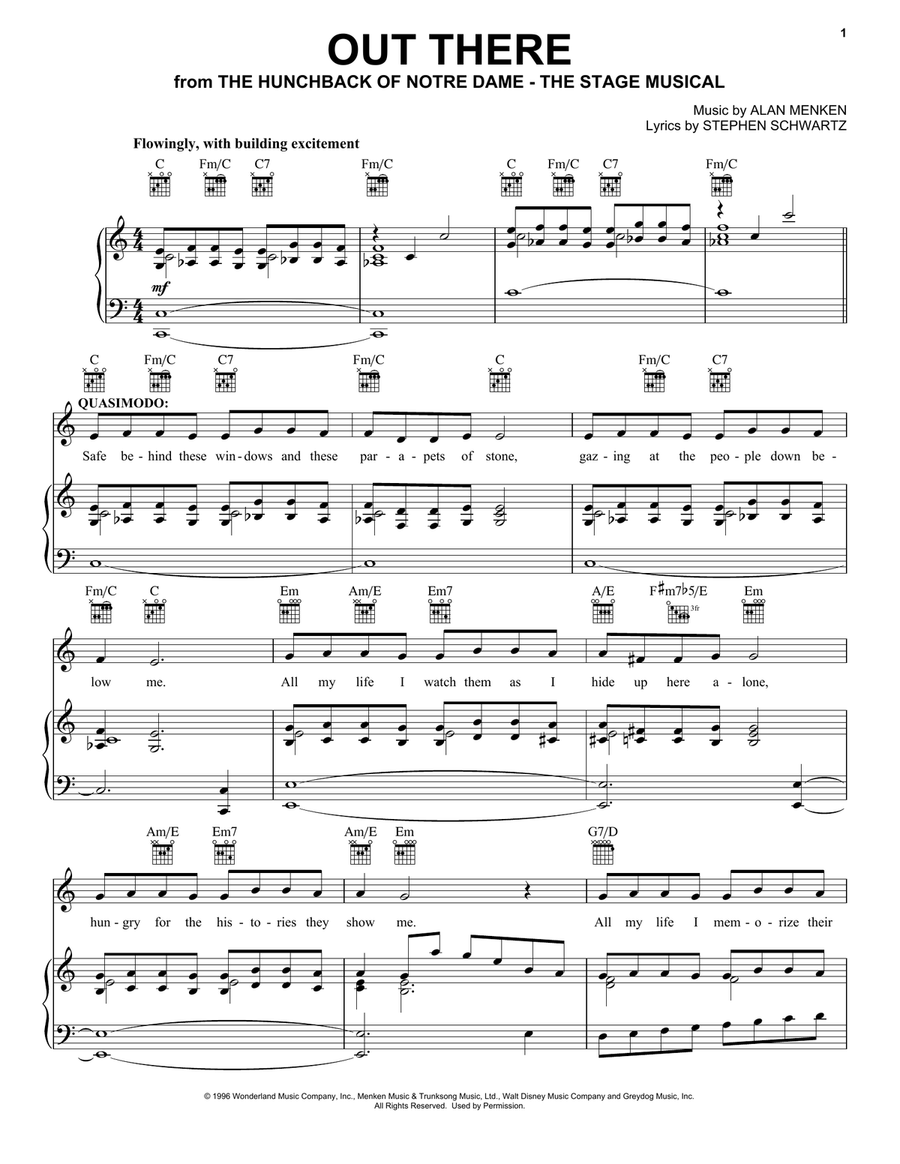 Out There (from The Hunchback Of Notre Dame: A New Musical) Piano, Vocal, Guitar scores gallery preview page 1