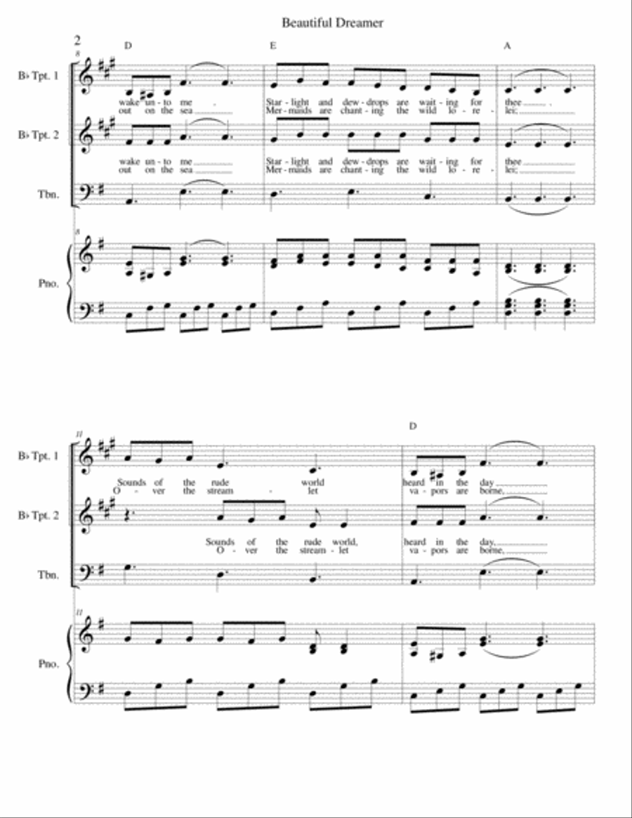 Beautiful Dreamer Key of G Brass (Bb trumpet and trombone) trio Small Ensemble scores gallery preview page 2
