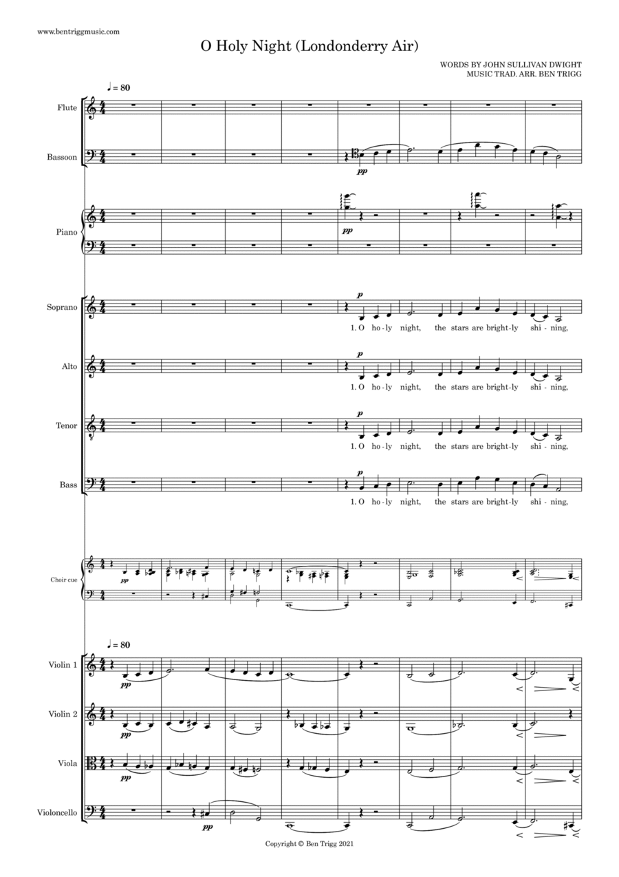 O Holy Night (Londonderry Air) – SATB, String quartet, Piano, Flute, Bassoon 4-Part scores gallery preview page 1
