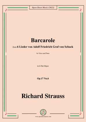 Book cover for Richard Strauss-Barcarole,in G flat Major,Op.17 No.6,for Voice and Piano