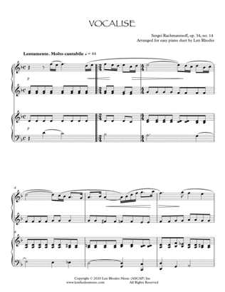 Book cover for Rachmaninoff - Vocalise, Piano Duet - arranged for the Intermediate Pianist