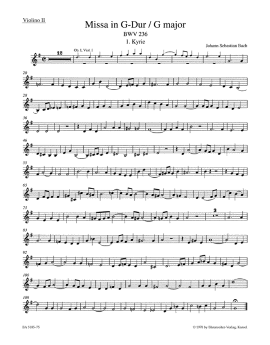 Mass G major BWV 236 'Lutheran Mass 4' Violin scores gallery preview page 1