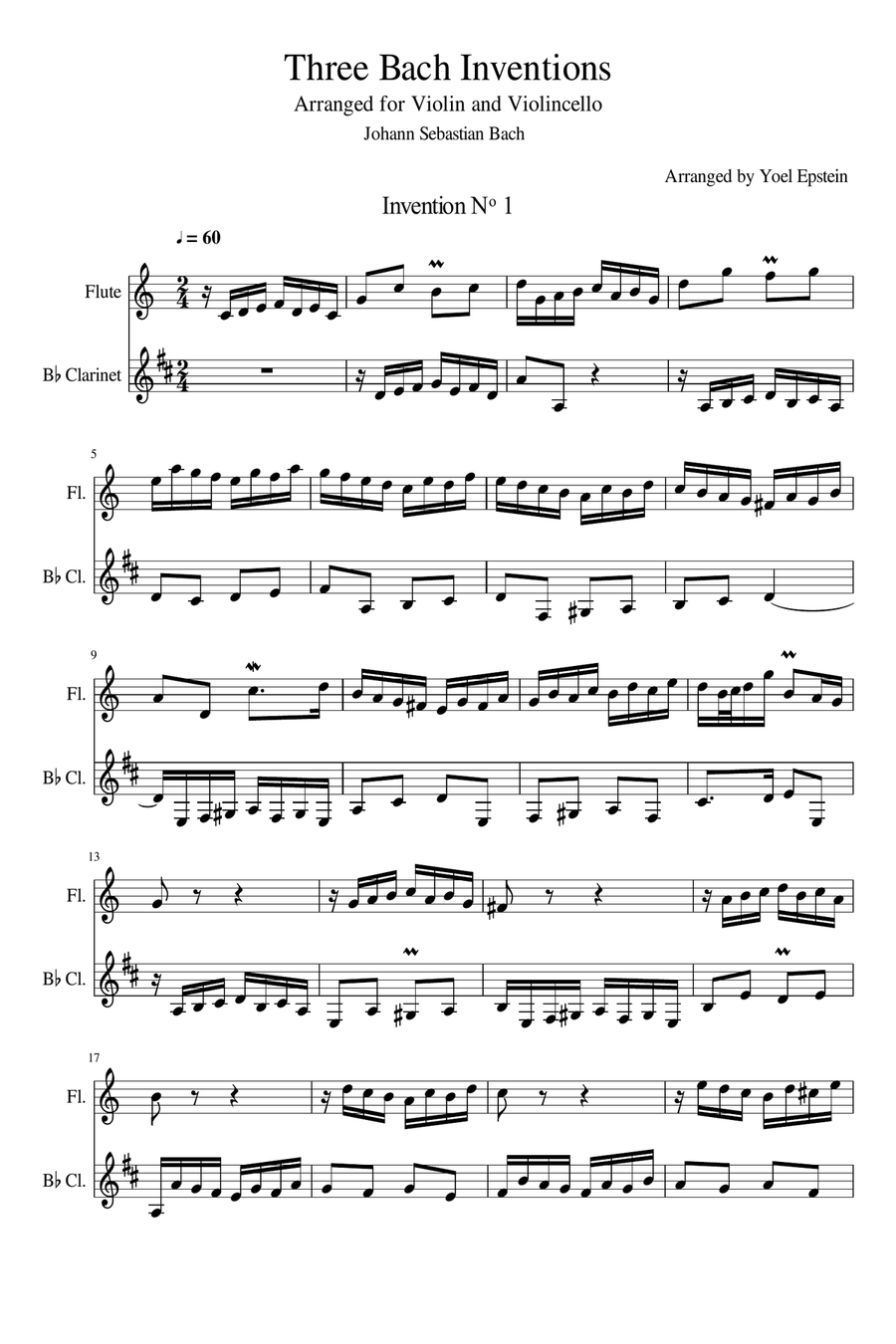 Three 2-part Inventions by Bach, arranged for flute and clarinet Woodwind Duet scores gallery preview page 3