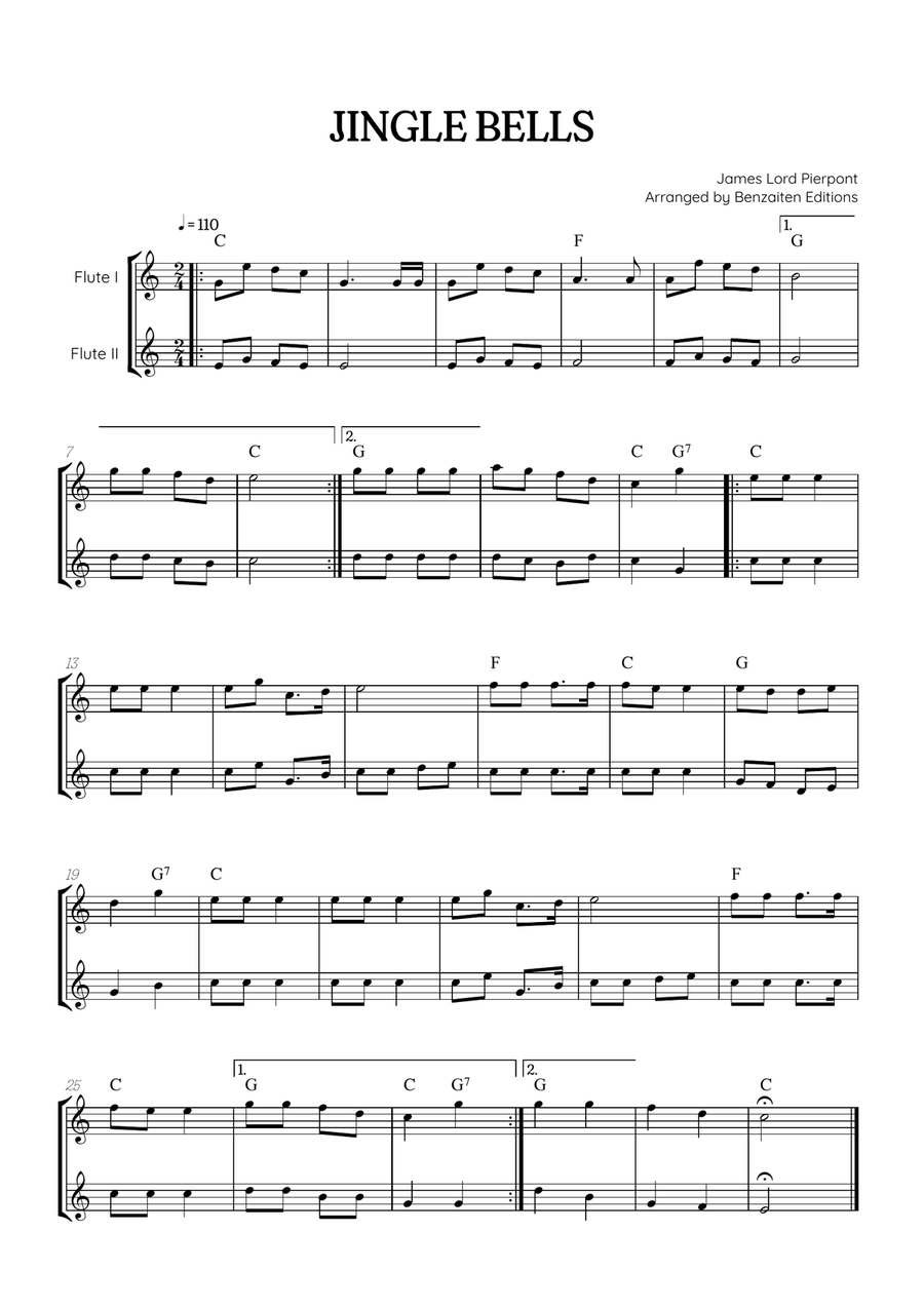Jingle Bells • Christmas Song | flute duet sheet music [chords] Flute Duet scores gallery preview page 1
