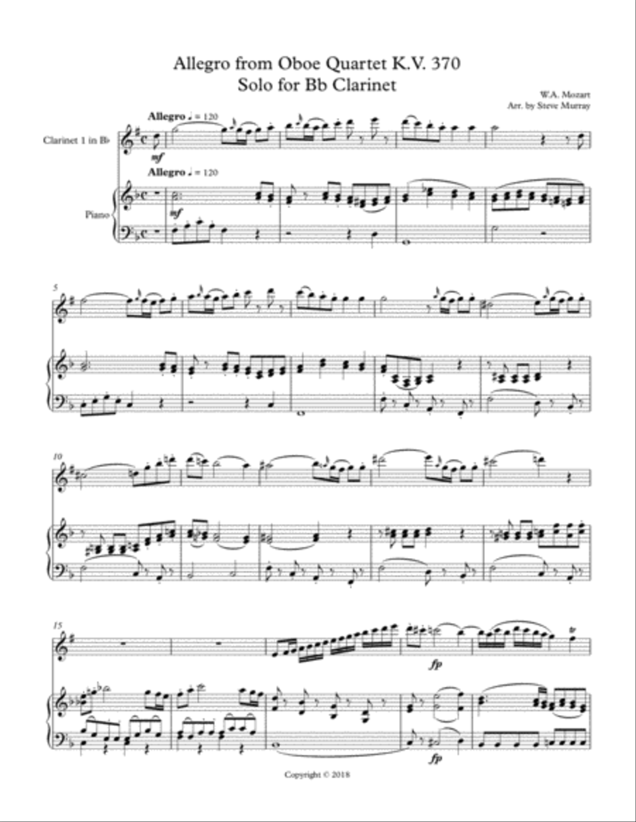 Allegro from Oboe Quartet K.370 (Clarinet Solo) Oboe scores gallery preview page 1