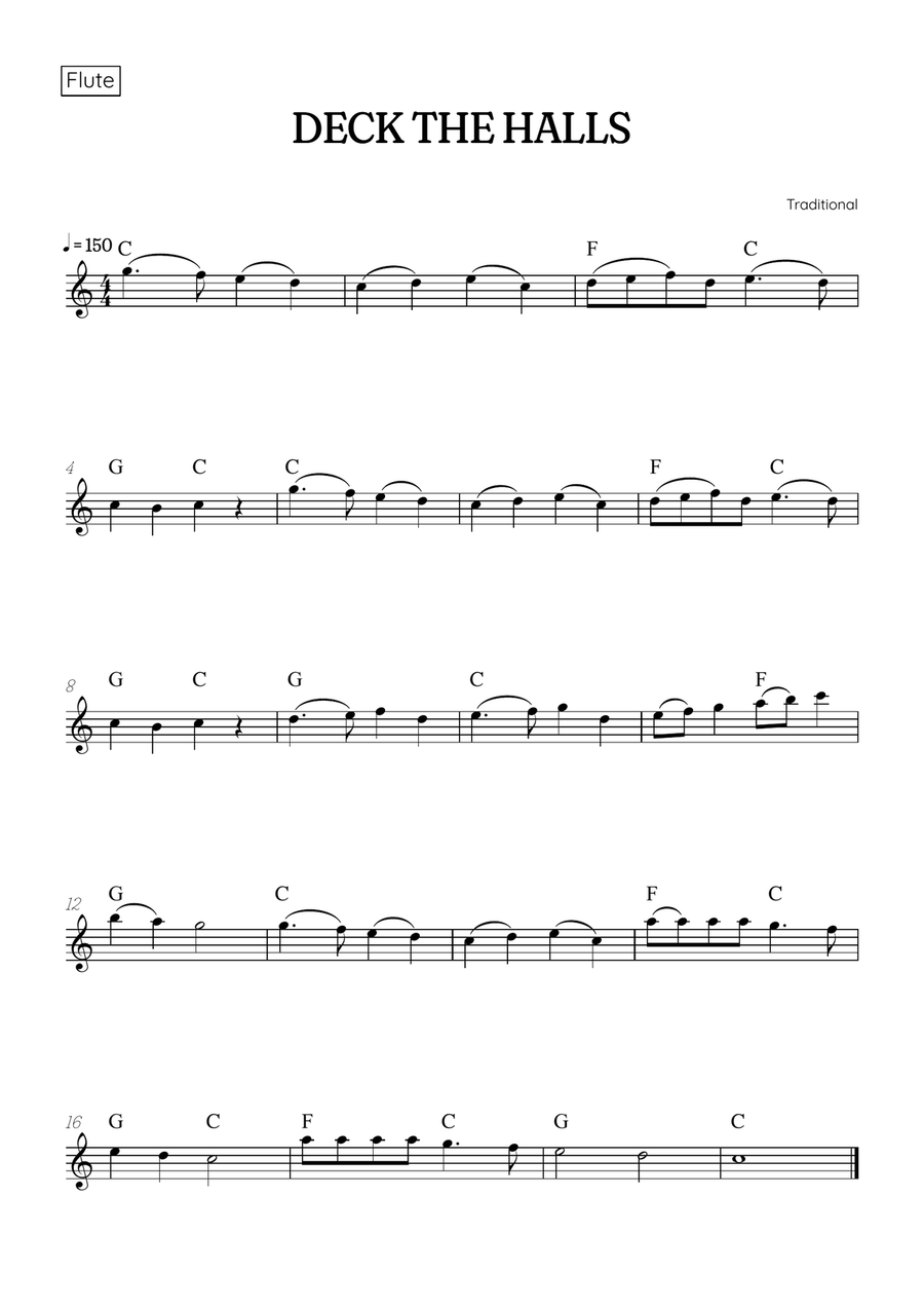 Deck the Halls for flute • easy Christmas song sheet music with chords Flute Solo scores gallery preview page 1