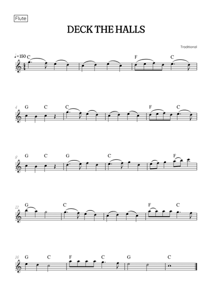 Deck the Halls for flute • easy Christmas song sheet music with chords image number null