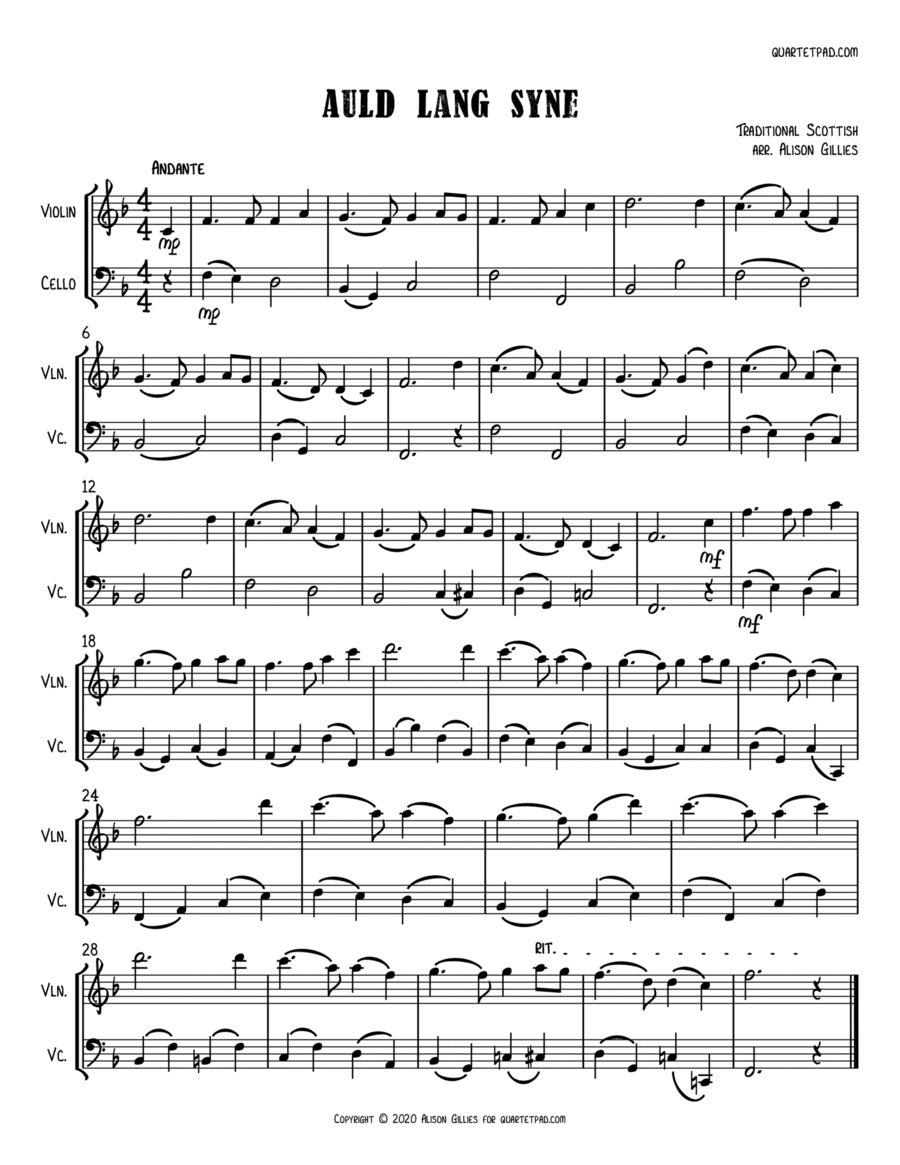 Auld Lang Syne - Violin & Cello Duet String Duet scores gallery preview page 1