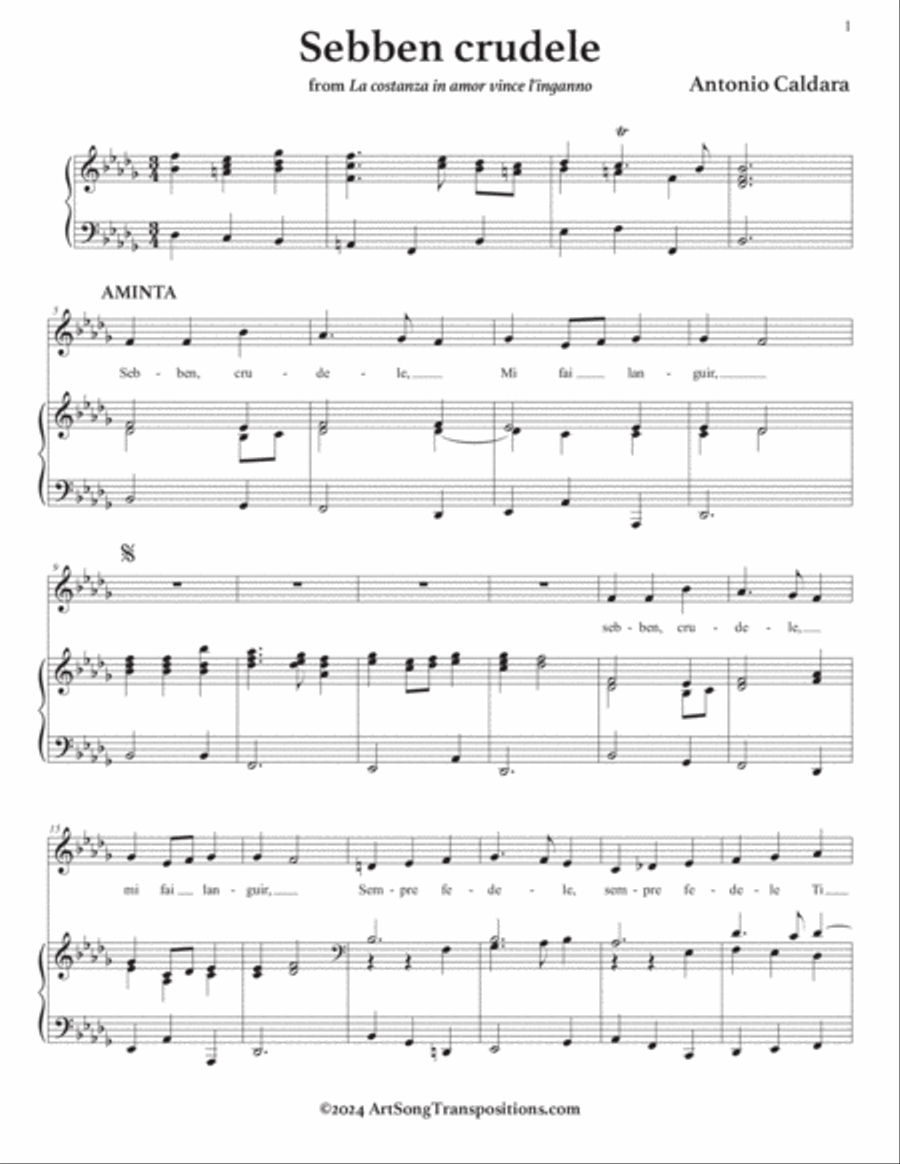CALDARA: Sebben, crudele (transposed to B-flat minor) Voice scores gallery preview page 2