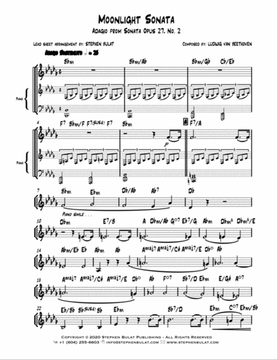 Moonlight Sonata - Adagio from Sonata Opus 27 No. 2 (Beethoven) - Lead sheet (key of Bb minor) Large Ensemble scores gallery preview page 1