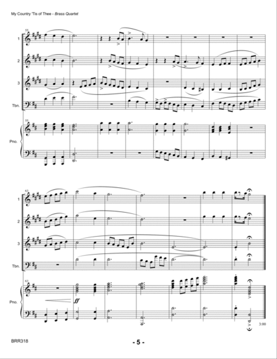 MY COUNTRY TIS OF THEE - BRASS QUARTET with Piano accompaniment Brass Quartet scores gallery preview page 5