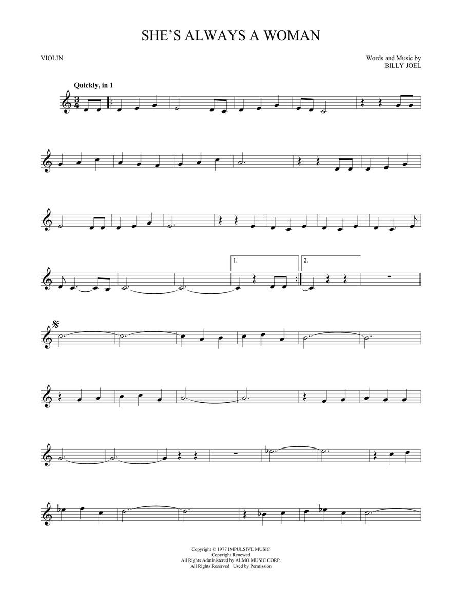 She's Always A Woman Violin Solo scores gallery preview page 1