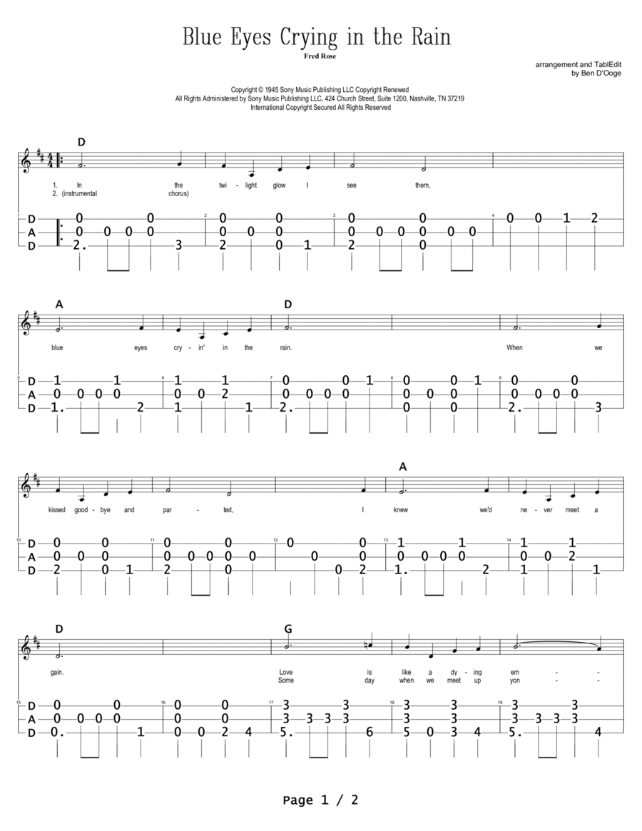 Blue Eyes Crying In The Rain Dulcimer scores gallery preview page 1