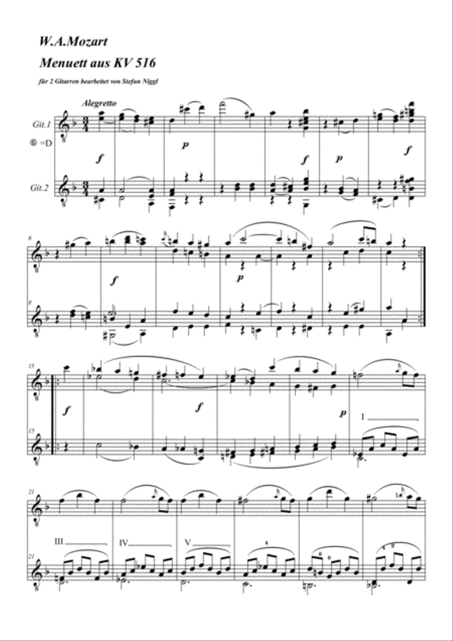 Menuet from String Quintet KV 516 for Guitar Duet Acoustic Guitar scores gallery preview page 1