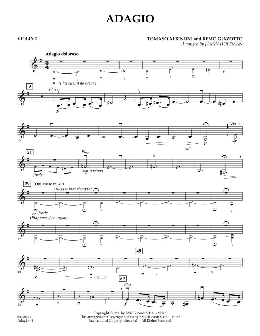 Adagio (arr. Jamin Hoffman) - Violin 2 Orchestra scores gallery preview page 1