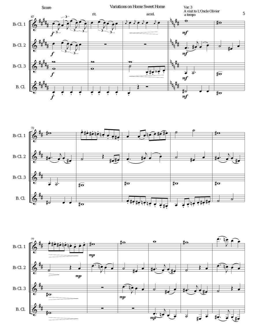 Variations on Home Sweet Home (there's no place like home) for clarinet quartet Clarinet Quartet scores gallery preview page 5