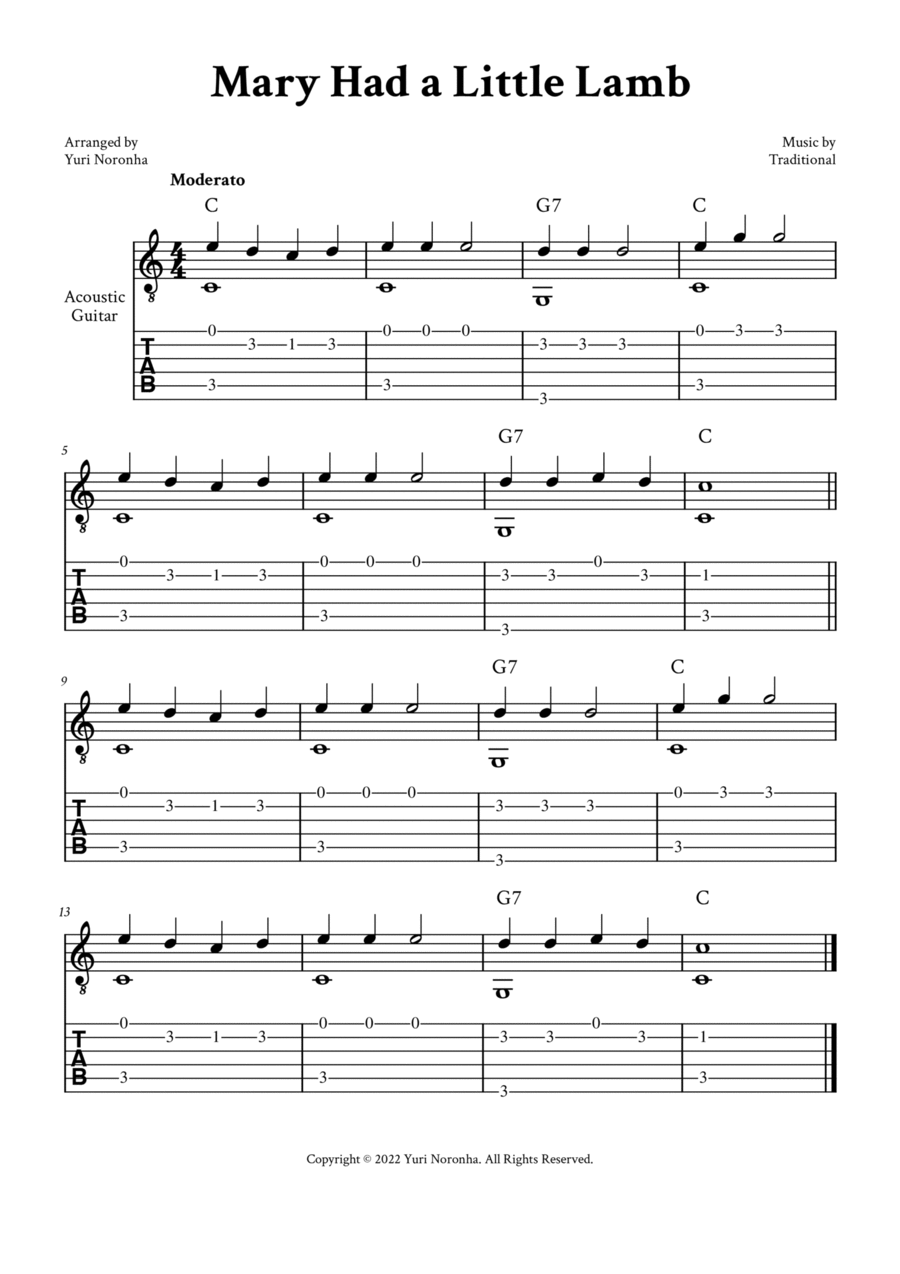 Mary Had a Little Lamb - Easy Fingerstyle Guitar (with TAB, Chord) Acoustic Guitar scores gallery preview page 1