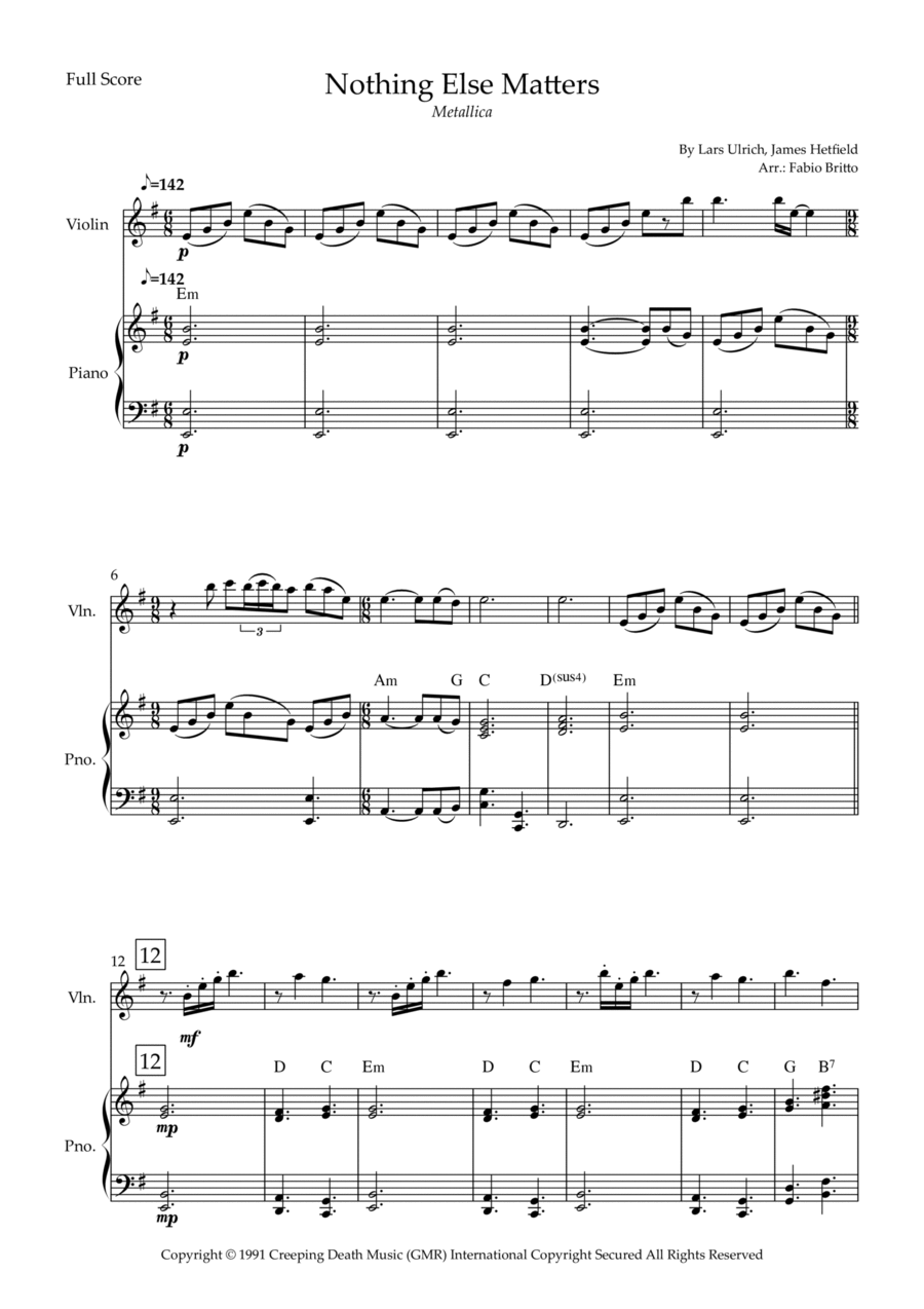 Nothing Else Matters Violin Solo scores gallery preview page 1