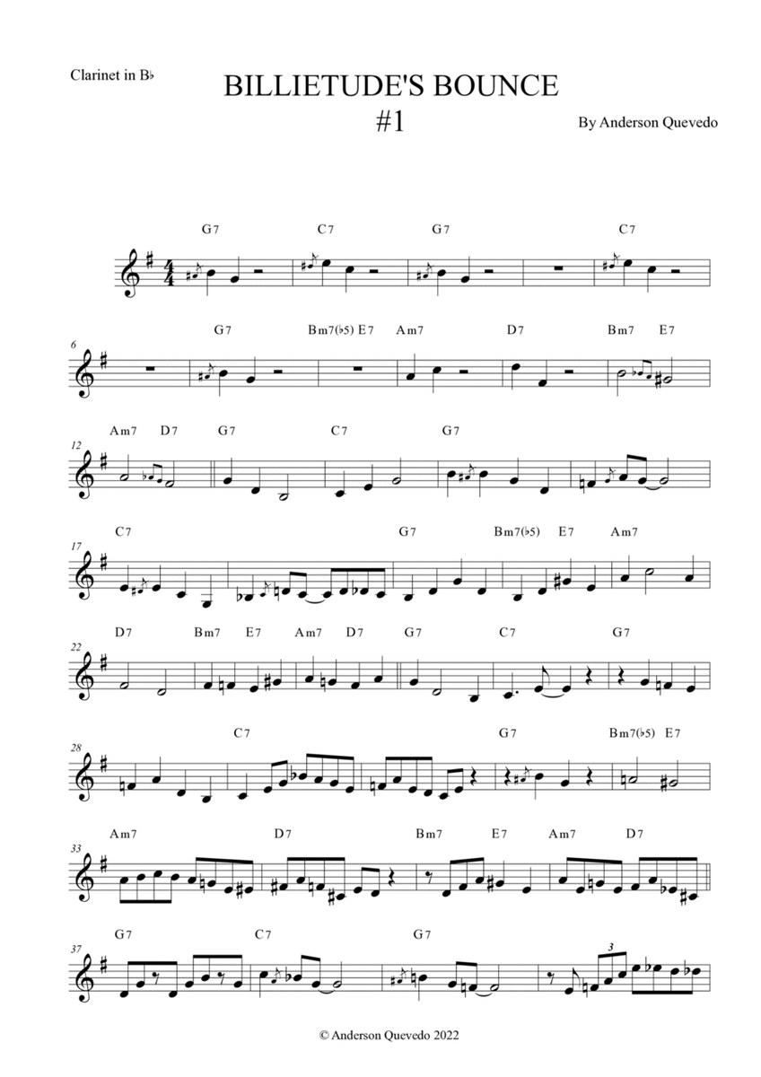 Billietude's Bounce #1 for Clarinet in Bb - Easy Intermediate Blues/Jazz Original Etude image number null
