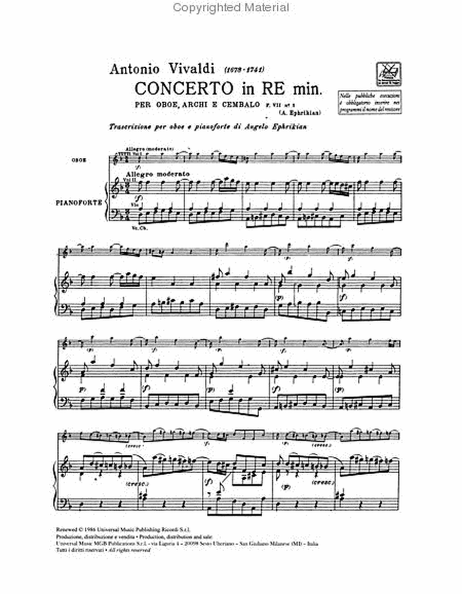 Concerto in D Minor for Oboe Strings and Basso Continuo, Op.8 No.9, RV454