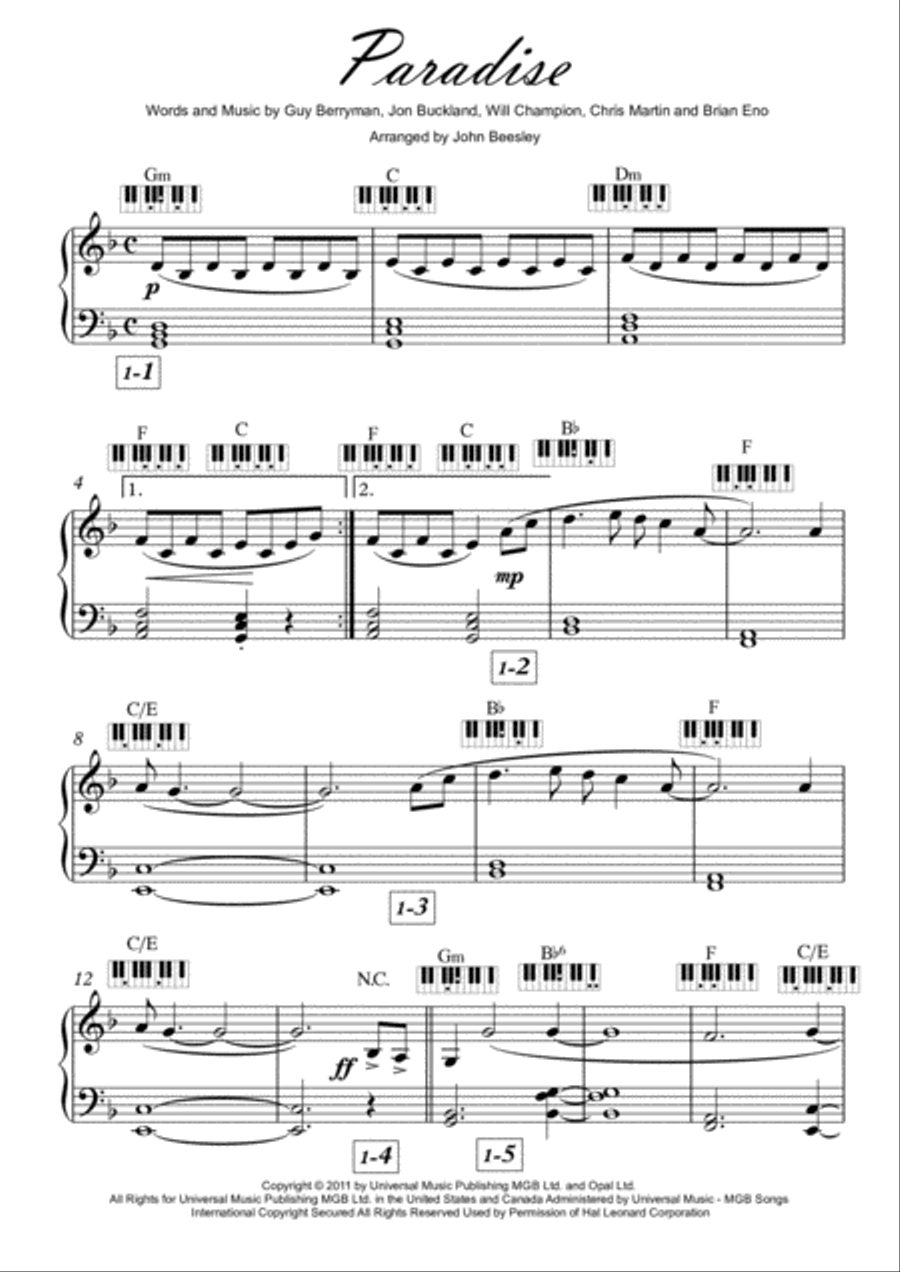 Paradise by Coldplay Electronic Keyboard - Digital Sheet Music