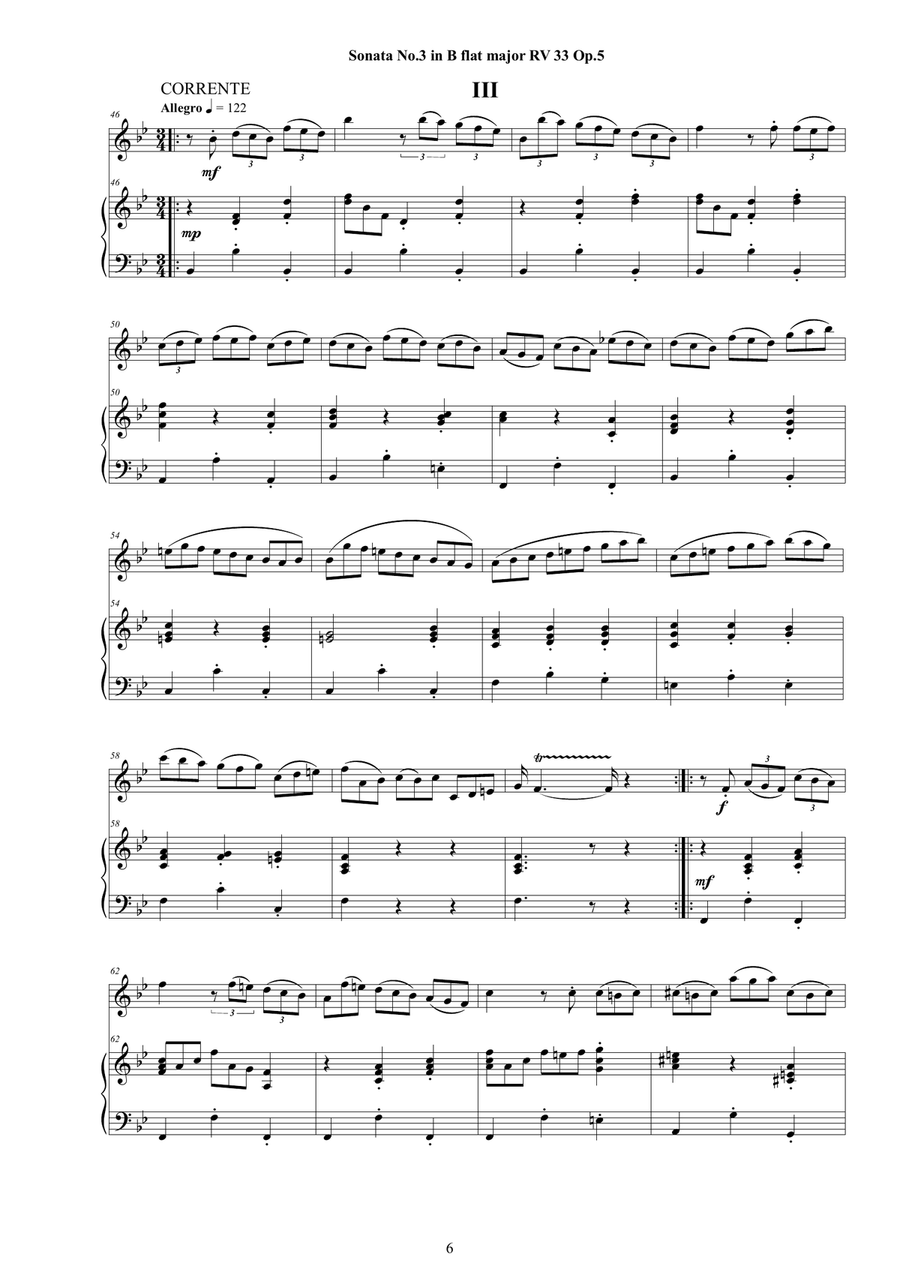 Vivaldi - Violin Sonata No. 3 in B flat major RV 33 Op.5 for Violin and Cembalo (or Piano) String Duet scores gallery preview page 6