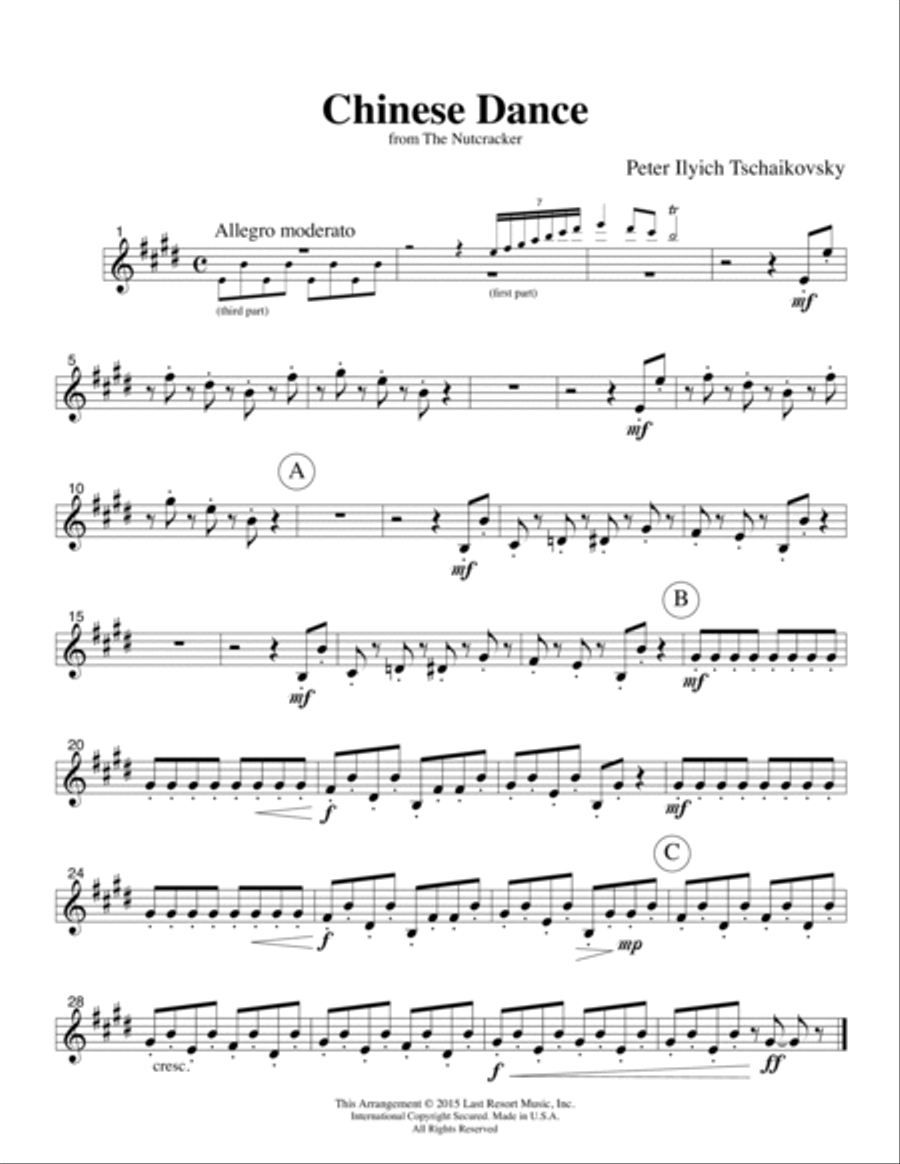 Chinese Dance from The Nutcracker for Woodwind Trio (Flute or Oboe, Clarinet, Bassoon) Set of 3 Part Small Ensemble scores gallery preview page 3