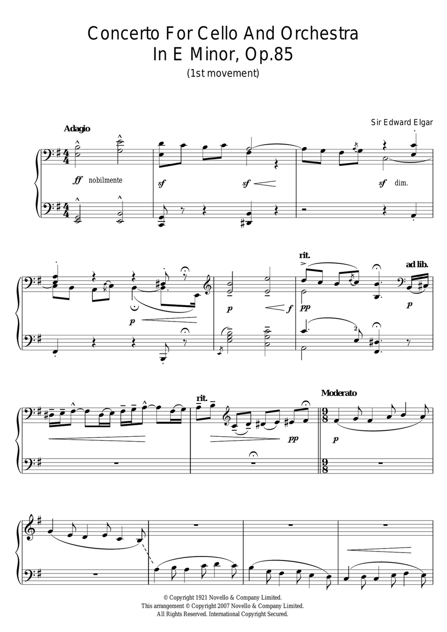 Concerto For Cello And Orchestra In E Minor, Op.85 Piano Solo scores gallery preview page 1