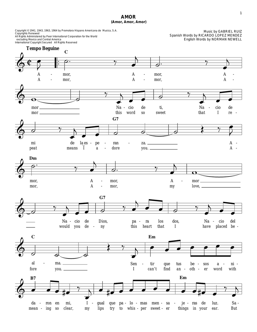 Amor (Amor, Amor, Amor) Piano scores gallery preview page 1