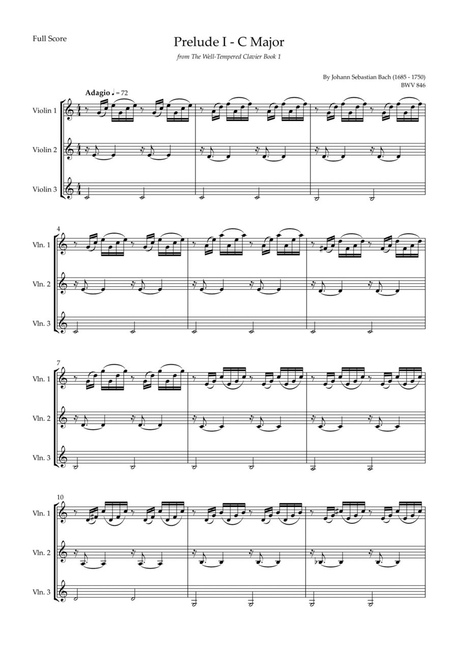 Prelude 1 in C Major BWV 846 (from Well-Tempered Clavier Book 1) for Violin Trio String Trio scores gallery preview page 1