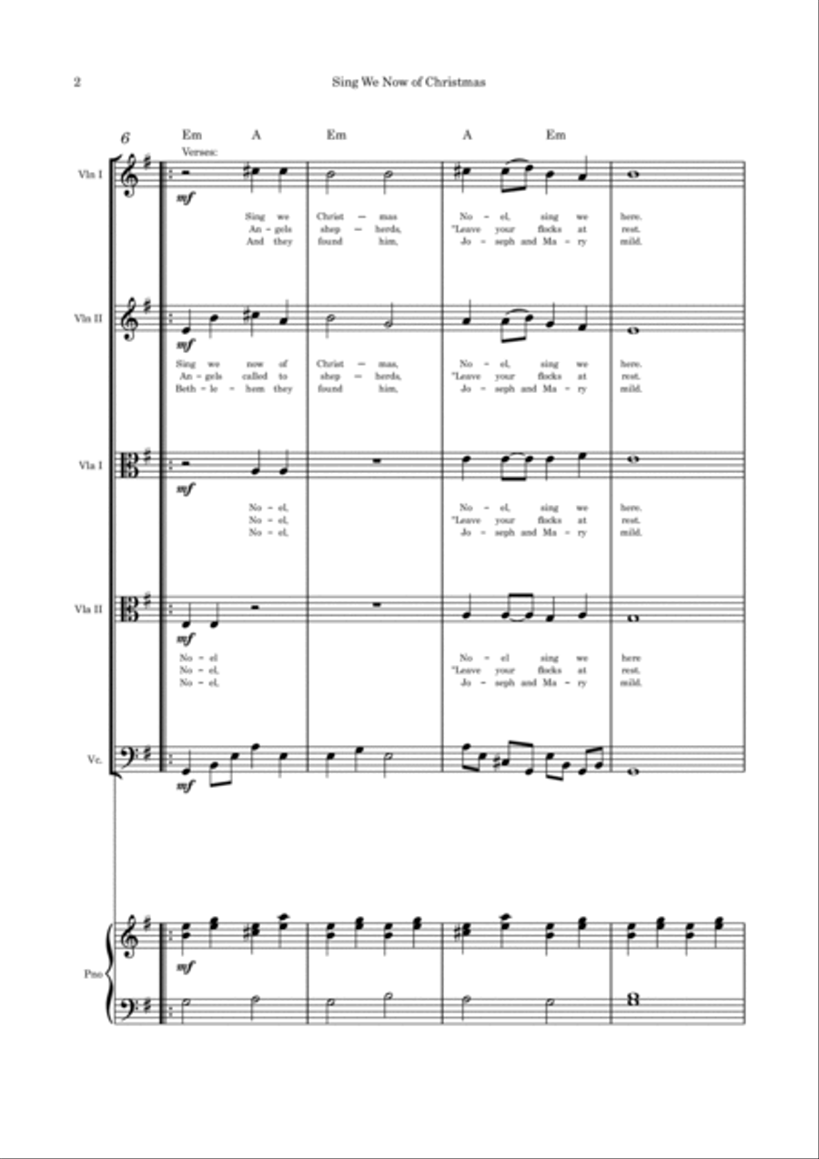 Sing We Now of Christmas - Strings quintet and piano with parts Violin scores gallery preview page 2