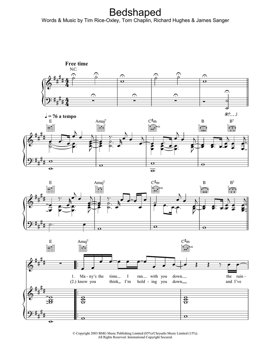 Bedshaped Piano, Vocal, Guitar scores gallery preview page 1